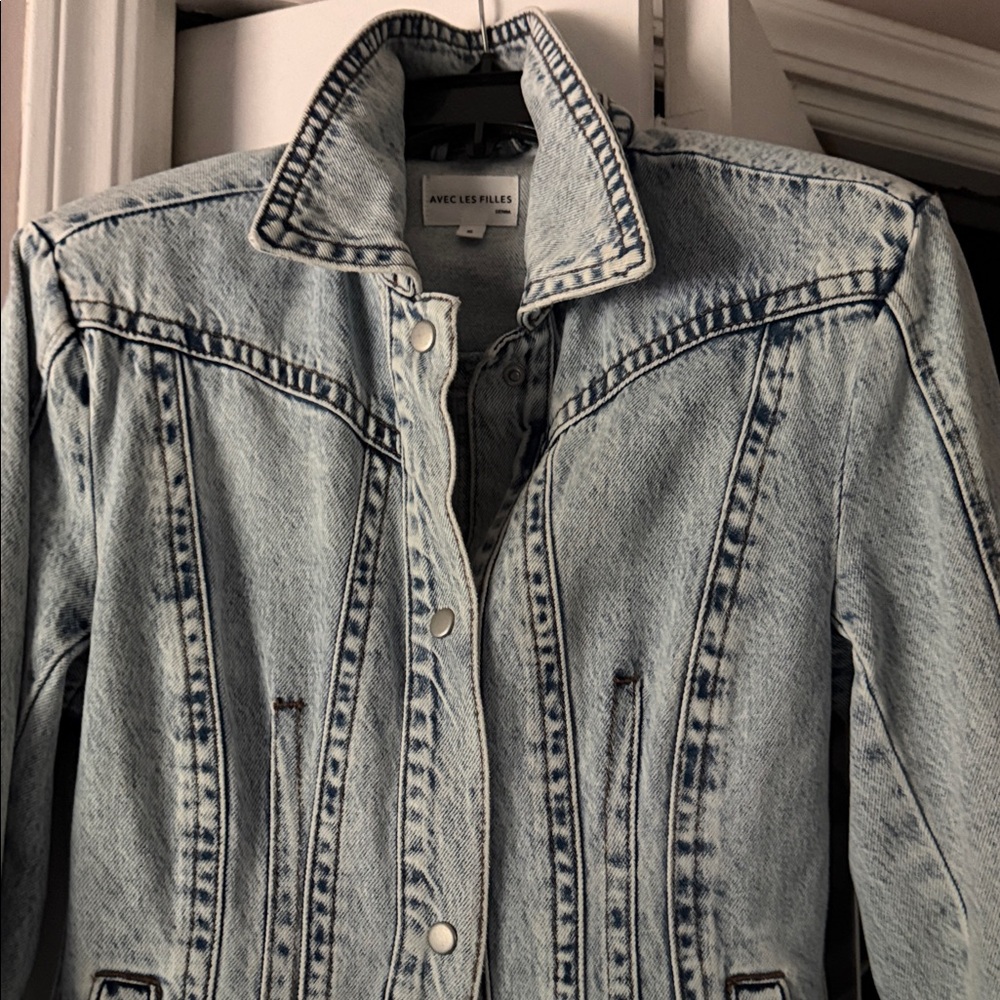 Avec Les Filles Denim Light Blue Washed Corseted Jacket that is Super Slimming!